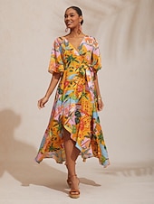 abordables Vestidos florales-Vestido largo floral de satén sedoso para escapada de verano