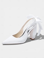 cheap Bride-Women's Ivory Pointed-Toe Bow Slingback Heels, Elegant Satin Bridal Shoes for Church Wedding Bride