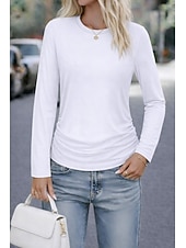 お買い得  プレーンTシャツ-女性用 ティートップ 純色 ヴィンテージ ファッション カジュアル 長袖 クルーネック レギュラートップス 日常 お出かけ ブルー ブラック ホワイト ルビーレッド カーキ色 春 秋 冬