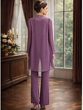 cheap Mom's Pant Suits-Pantsuit Floor Length Mother of the Bride Dress Long Sleeve Jewel Neck Elegant Simple Wedding Guest Formal Evening Wedding Party Chiffon with Solid Color
