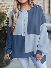 Недорогие Простые худи-Жен. Pullover Толстовки Пэчворк Пуговицы Контрастных цветов Мода Классика Современное Длинный рукав Вырез под горло Обычные топы Для улицы На каждый день Синий Черный Розовый Небесно-голубой Зеленый