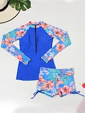 Недорогие Танкини-Жен. Купальники Танкини 2 шт. Шорты купальник Утягивание живота Завышенная Тонкие Открытая спина Отпуск Одежда для пляжа Цветочный принт Вырез под горло Длинный рукав Купальники