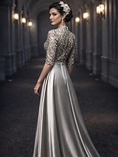 tanie Długość podłogi-Krój A Sięgająca podłoża Sukienka dla gościa weselnego Suknia Suknia wieczorowa Sukienka dla matki panny młodej Rękaw 1/2 Wysoki Elegancja Zabytkowe Gość weselny Wesele Satyna z Kokardki Haft