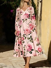 billige Skriv ut blomsterkjoler-Dame Midikjole Boho-kjole Uformell kjole Elegant Årgang Daglig utendørs Feriereise Normal Blomstret Langermet V-hals Rosa Sommer Vår Høst
