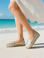 baratos Convidado do casamento-sapatilhas femininas de renda branca espadrille – mocassins respiráveis com recortes florais para o verão, praia e passeios casuais
