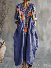 halpa Boho-mekot-Naisten Maksimekko A linjainen mekko Loma Vapaa-aika Päivittäin Loose Fit Kukka Kuvitettu Pitkähihainen V kaula-aukko Sininen Oranssi Kesä Kevät