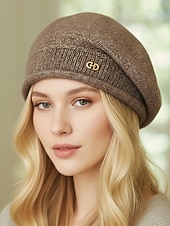 halpa Naisten hatut-Naisten pehmeä polyesterineulottu barettihattu, kevyttä villamaista lankaa, monivärinen klassinen ranskalainen tyyli jokapäiväiseen käyttöön, kaupunkiretkille, matkoille ja syksy-talvimuotiin