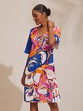 abordables Vestidos florales-Vestido mini de satén con cintura ajustada y estampado floral artístico para vacaciones