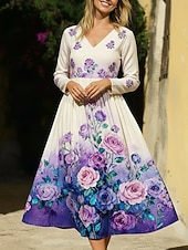 economico Abiti Floreali Stampati-Per donna Abito Midi Abito Boho Vestito Casual Moda Quotidiano All'aperto Vacanza Vestibilità regolare Floreale Manica Lunga Scollo a V Viola Estate Primavera Autunno