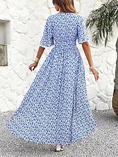 abordables Vestidos casuales con flores-Women's Long Dress Maxi Dress A Line Dress Floral Dress Elegant Fashion Modern Daily Outdoor Vacation Regular Fit Floral Short Sleeve V Neck Blue Black Brown Summer Spring