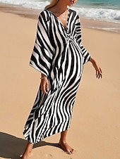 tanie Sukienki w paski i geometryczne-Damskie Sukienka maxi sukienka plażowa Codzienne sukienki Sukienka Boho Cover Up Elegancja Moda Nowoczesny Na zewnątrz Plaża Urlop Luźna Prążki Krótki rękaw W serek Niebieski Czarny Biały Rumiany róż