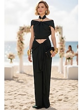 abordables Semi-formal / Cóctel-Two Piece Sheath Column Floor Length Wedding Guest Dress Wedding Guest Dresses Elegant Daily Cap Sleeve Halter Neck Garden Party Wedding with Ruched