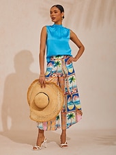 billiga Konst &amp; Design Blusar-ärmlös topp med vida axlar och stående krage i satin, avslappnad semester