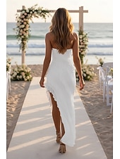  Tubino Colonna Lunghezza al pavimento Abito Bianco Piccolo vestito bianco Elegante Schiena Scoperta Manica Lunga Senza Spalline Festa serale Matrimonio Chiffon Senza schiena con Volant Spacco