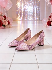 preiswerte Valentinstag-Elegante, rosafarbene Pumps mit Blumenmuster und Blockabsatz, spitze Damenschuhe für Dates am Valentinstag.