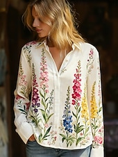 levne Základní falešné košile-Dámské Košile Boho košile Imitace bavlny a lnu Knoflíky Tisk Květinový Elegantní Vinobraní Na běžné nošení Dlouhý rukáv Košilový límec Běžné topy Denní Dovolená Žlutá Světlá růžová Béžová Léto Jaro