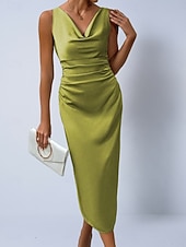 preiswerte Einfaches Kleid-Damen Midikleid Satinkleid Partykleid Figurbetontes Kleid Elegant Mode Modern Outdoor Urlaub Ausgehen Normale Passform Einfach Ärmellos Wasserfallausschnitt Hellgrün Grün Aprikose Sommer Frühling