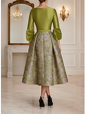 abordables Robes de cocktail-Ligne A Longueur thé Robes de Cocktail Robes de soirée Élégant ancien Manche 3/4 Col en V Mariage Formel Taffetas Jacquard avec Noeud(s) Plis