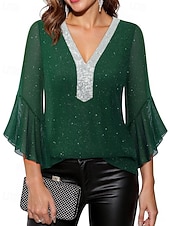 baratos Blusas Elegantes-Mulheres Blusa Tops de lantejoulas Patchwork Bloco de cor à moda Moderno Manga 3/4 Sino Decote V Tops regulares Diário Feriado Para Noite Azul Preto Vermelho Verde Verão Primavera
