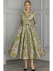  A-linje Ankellengde Gjestekjole til bryllup Formell kjole Aftenkjole Kjole til brudens mor 3/4 ermer Knaphul Elegant Årgang Formell Spandex med Belte / bånd Sløyfe(r)