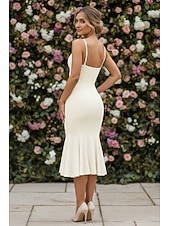 cheap Little White Dresses-Mermaid Trumpet Tea Length White Dress Little White Dress Elegant Open Back Sleeveless V Neck Wedding Formal Stretch Fabric Backless with Pleats