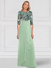 ieftine Lungimea podelei-Linia -A Lungime Podea Brodat cu mărgele Rochie pentru invitata de nunta Rochie formala Rochie Mama Miresei Manșon Jumate Bateau Elegant Simplu Luxos Oficial Invitat la nunta Șifon Dantelă Dantelă cu