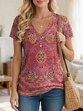 abordables T-shirt Boho-Mujer Camiseta Estampado Graphic Geométrico Cachemir Vintage Elegante Clásico Manga Corta Escote en Pico Tops largos Diario Rojo Rosa Brillante Verano Primavera