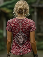 Χαμηλού Κόστους Boho t-shirt-Γυναικείο Μπόχο T-Shirt Λουλούδι Γραφικό Paisley Μποέμ Vintage Στιλάτο Μακρύ Μανίκι V Λαιμόκος Καθημερινά Πηγαίνοντας Εξω Διακοπές Εκτύπωση Μαύρο Κόκκινο Μπλε Πορτοκαλί Γκρι Καλοκαίρι Άνοιξη