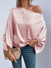 voordelige Chique Blouses-Dames Overhemd Satijnen overhemd Blouse Tops met blote schouders Effen Stijlvol Klassiek Modern Lange mouw Schouderafhangend Normale tops Dagelijks Feestdagen Uitgaan blauw Zwart Blozend Roze Rood