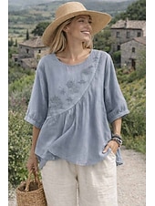 رخيصةأون قمصان مزيفة أساسية-نسائي قميص قمصان قطنية كتان بلوزة مطرز لون الصلبة أساسي كاجوال 3/4 الكم رقبة عالية مدورة قمصان عادية مناسب للبس اليومي أزرق أبيض وردي بلاشيهغ كاكي الصيف الربيع