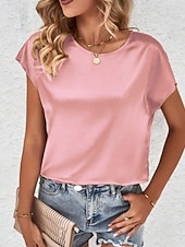 economico Bluse Semplici-Per donna Elegant Top in raso Camicia in raso Top estivi Tinta unica Semplice Vintage Elegante Classico Manica Corta Girocollo Top Regolari Quotidiano Ferie Uscire Nero Rosa Cammello Verde Estate