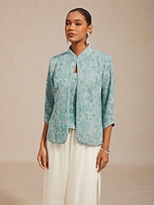  女性用 ドレッシーなトップス ツインセット ラインストーン フラワー エレガント クルーネック 結婚式のゲスト カクテルの服装 ライトブルー 夏 春 秋