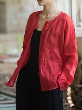 baratos Coleção de Linho Premium-Camisa feminina 100% linho, blusa com botões, lisa, estilo vintage, manga longa, gola redonda, tops regulares para uso diário, férias, sair, nas cores preto, rosa, vermelho e verde, para verão e primavera.