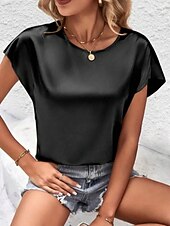 economico Bluse Semplici-Per donna Elegant Top in raso Camicia in raso Top estivi Tinta unica Semplice Vintage Elegante Classico Manica Corta Girocollo Top Regolari Quotidiano Ferie Uscire Nero Rosa Cammello Verde Estate