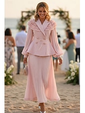 preiswerte Semi-formal / Cocktail-Zweiteilig A-Linie Knöchellänge Kleid für Hochzeitsgäste Kleider für Hochzeitsgäste Elegant Vintage Täglich Langarm Revers Gartenparty Hochzeit mit 3D-Blumen Falten