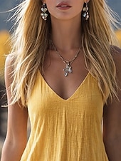 voordelige Essentiële Faux Jurken-Vrouwen Linnen-achtig Faux Katoen Linnen Mini Jurk Zomerse Jurk Slip Jurk Casual Dagelijks Losse Pasvorm Effen Mouwloos Spaghetti Band Geel Zomer