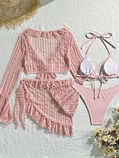 cheap 3 Pieces Bikini Set-Women's Swimwear Bikini Three Piece Cheeky Swimsuit Slim Backless Vacation Beach Wear Solid Color Halter Neck Sleeveless Long Sleeve Bathing Suits