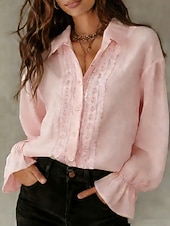 voordelige Effen Blouses-Dames 100% Katoenen Blouse Faux Linnen Geplooide Knoppen Effen Kleur Stijlvol Basis Casual Lange Mouwen Kraag Reguliere Tops Dagelijks Blauw Zwart Wit Roze Beige Lente Fall Winter