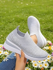 economico Sneakers da donna-Per donna Casuale Quotidiano Passeggiata Strass Plateau Zeppa Punta Tonda Casual Comfort Tessitura Volante Mocassino Nero Bianco Rosa