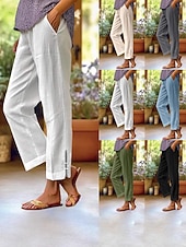 billiga Väsentliga Falska Bottnar-Dam Byxor av linne i bomull Kinesiska Semester Streetwear Grundläggande Fullängd Medium Midja Slät Ficka Elastisk midja Bekväm Komfort Oelastisk Dagligen Utomhus Semester Grå Svart Vit Armégrön