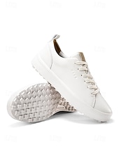 levne Pánské golfové boty-Pánské bílé golfové boty, čistý šněrovací design, lehká polstrovaná podrážka, klasický sportovní styl pro golfová hřiště a outdoorové nošení