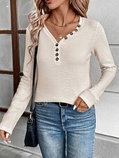 economico T-shirt semplice-Per donna Blusa Bottoni Tinta unica Elegante Casual Manica Lunga Scollo a V Top Regolari Quotidiano Nero Bianco Fucsia Cachi Primavera Autunno Inverno