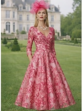 billige Ankellengde-A-linje Ankellengde Festkjole Cocktail Kjole Gjestekjole til bryllup Kjole til brudens mor 3/4 ermer V-hals Elegant Årgang Formell Kentucky Derby Semi-formelt Jacquard med Plissert