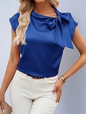 billiga Kostymblusar-Dam Skjorta Satinskjorta Blus Slät Stylish Grundläggande Klassisk Kortärmad Knyt hals Vanliga toppar Dagligen Helgdag Utekväll Gul Ljusgrön Orange Grön Sommar Vår