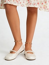 economico Ballerine da donna-ballerine mary jane beige da donna con cinturino in finta perla – scarpe comode e larghe con punta tonda, elegante stile vintage per l'uso quotidiano, matrimoni, feste del tè e viaggi