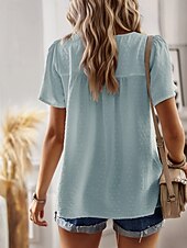 cheap Plain Blouses-Women's Summer Shirt Casual Shirt Blouse Lace Trim Solid Color Vacation Stylish Casual Short Sleeve Crew Neck Regular Tops Daily Beach Holiday Blue Black White Pink Red Summer Spring