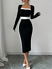 billige midi sort kjole-Dame Midikjole Bodycon kjole Semiformelle kjoler Kontor Normal Fargeblokk Langermet Firkantet hals Svart Navyblå Vår Høst