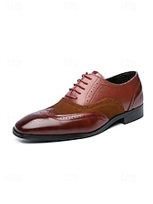 voordelige Oxford Shoes-Men's Brown Faux Leather Oxford Dress Shoes, Classic Lace-Up Design, Polished Finish, Elegant Formal Style for Grooms &amp; Wedding Guests