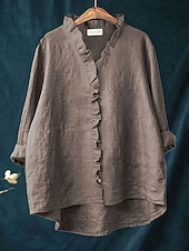 cheap Plain Blouses-Easter Women's Tunic Casual Shirt Button Up Shirt Blouse Ruffle Solid Color Vacation Vintage Daily Long Sleeve V Neck Long Tops Work Beach Holiday Blue White Yellow Red Gray Summer Spring Fall Winter