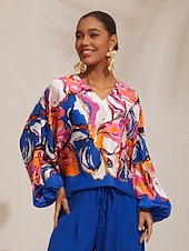 cheap Shirts,Tops &amp; Blouses-Vacation Artistic Floral Dolman Sleeve Satin Top